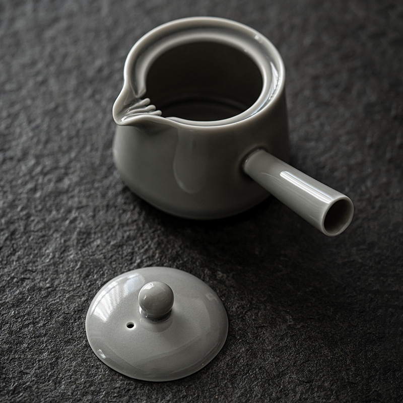 Ceainic cu glazură gri-înghețată și mâner lateral, ceramică în stil chinezesc pentru uz casnic, ceainic mic, Gongfu de ceai, vas de infuzare a ceaiului