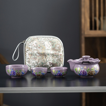 Set ceramic pentru ceai de călătorie cu ceainic și trei cești, portabil, stil retro