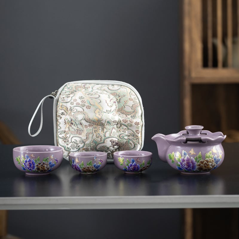 Set ceramic pentru ceai de călătorie cu ceainic și trei cești, portabil, stil retro