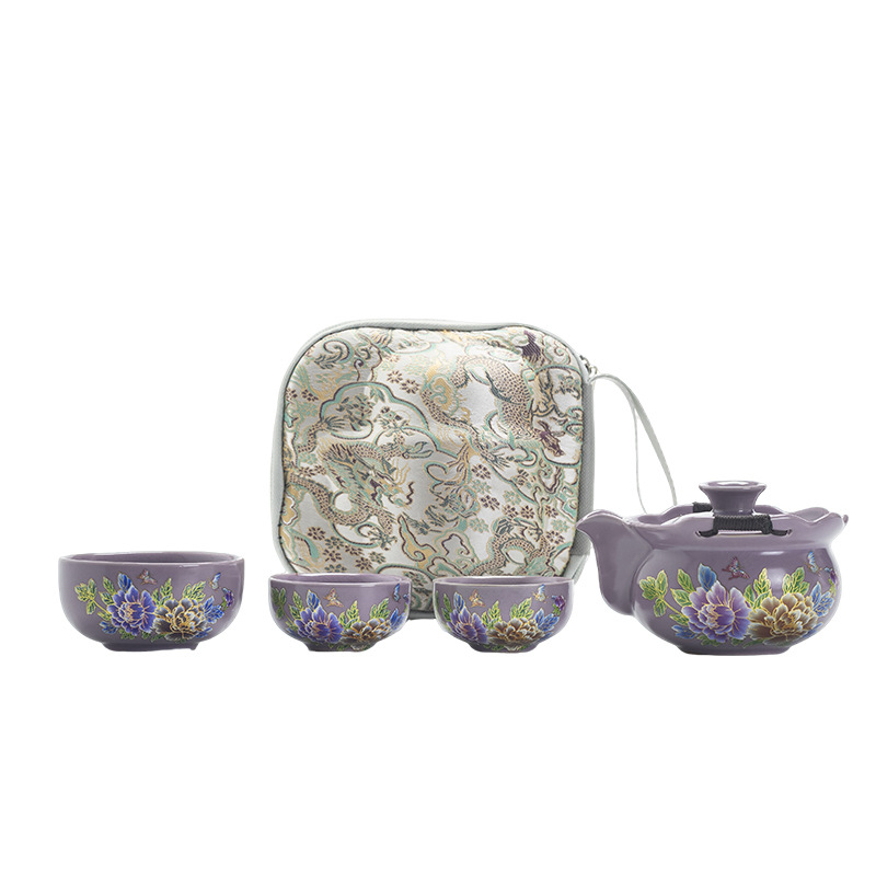 Set ceramic pentru ceai de călătorie cu ceainic și trei cești, portabil, stil retro
