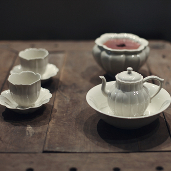 Ceainic în formă de dovleac, glazură cu cenușă vegetală, ceramică antic, set de ceai pentru literati cu ceașcă, Gongfu – set complet