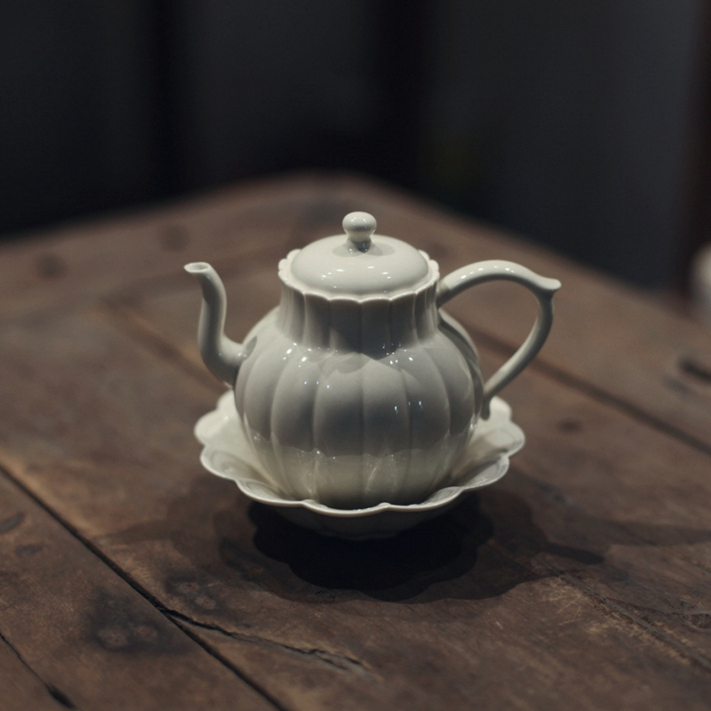 Ceainic în formă de dovleac, glazură cu cenușă vegetală, ceramică antic, set de ceai pentru literati cu ceașcă, Gongfu – set complet