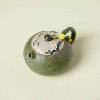 Ceainic ceramic în stil chinezesc, cu motiv de margaret verde și portocaliu, temă de primăvară Xishi, pentru o singură persoană, set Kung Fu de ceai cu filtru