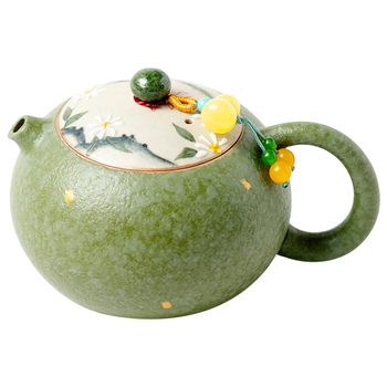 Ceainic ceramic în stil chinezesc, cu motiv de margaret verde și portocaliu, temă de primăvară Xishi, pentru o singură persoană, set Kung Fu de ceai cu filtru