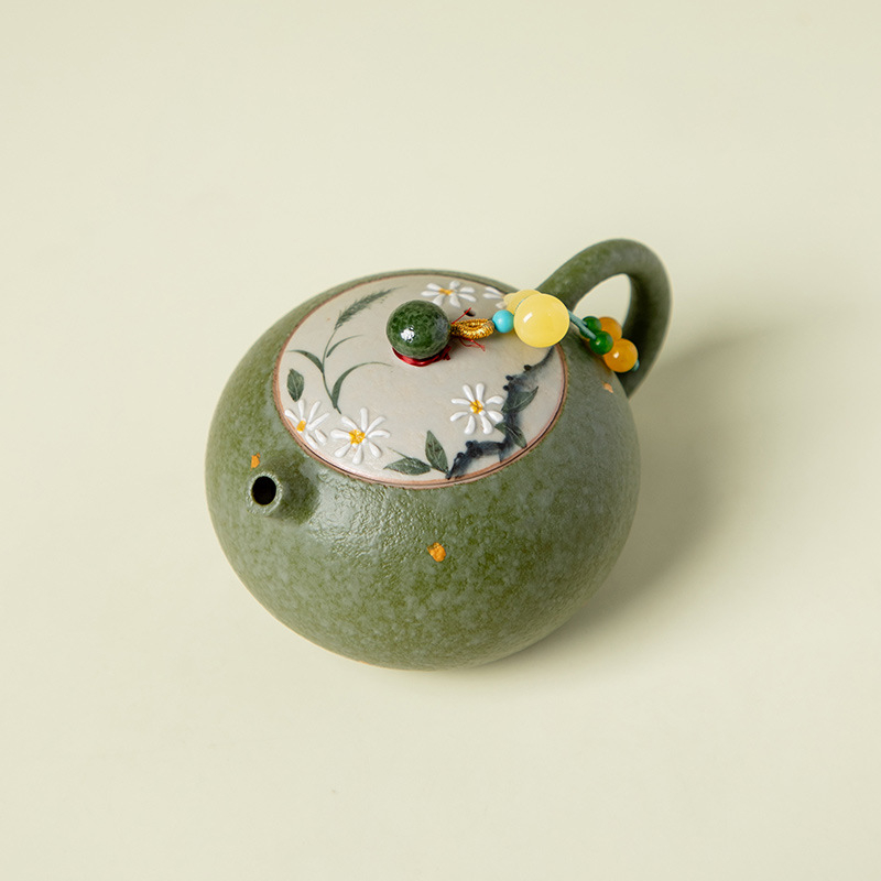 Ceainic ceramic în stil chinezesc, cu motiv de margaret verde și portocaliu, temă de primăvară Xishi, pentru o singură persoană, set Kung Fu de ceai cu filtru