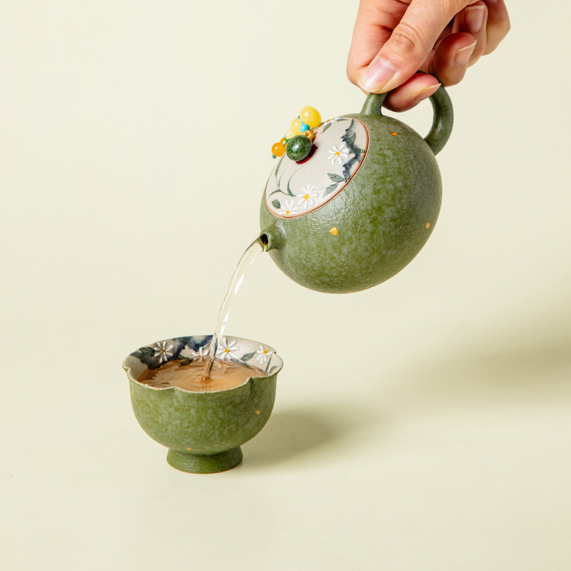 Ceainic ceramic în stil chinezesc, cu motiv de margaret verde și portocaliu, temă de primăvară Xishi, pentru o singură persoană, set Kung Fu de ceai cu filtru