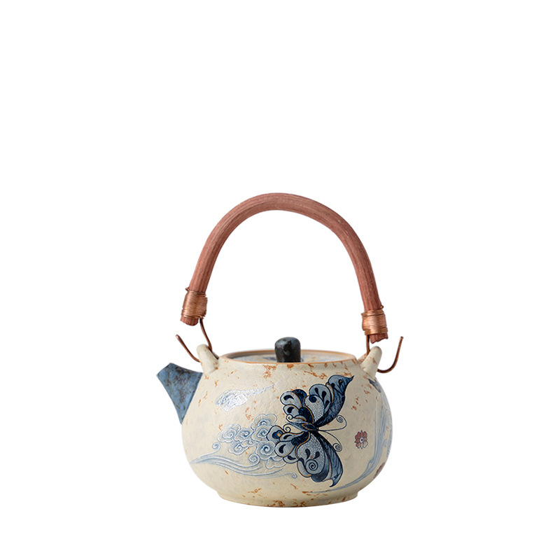 Ceainic ceramic cu mâner arcuit, finisaj glazurat la cuptor, design retro lux, motif albastru-alb cu nor roșu și fluture.