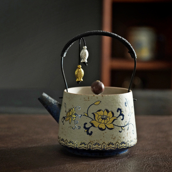 Ceainic din porțelan albastru-alb cu motiv de lotus și ramuri încolăcite, mâner arcuit, ceramică, stil retro, filtru pentru ceai Gongfu