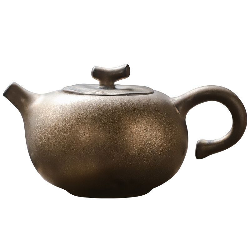 Ceainic din ceramică rustică, design retro cu finisaj auriu, set Gongfu pentru ceai, stil chinezesc, mic pentru uz casnic.