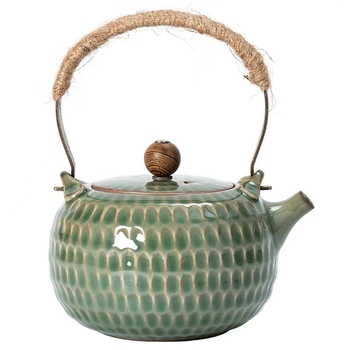 Ceainic Gongfu din ceramică, cu mâner de ridicare, glazură verde bambus și textură ciocan, stil retro, pentru uz casnic