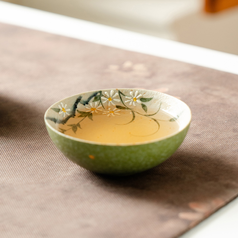 Set ceramic pentru ceai, pictat manual, seria Verde Primăvară, cu motive mandarine verzi și margaretă, în stil chinezesc, ceainic cu mâner