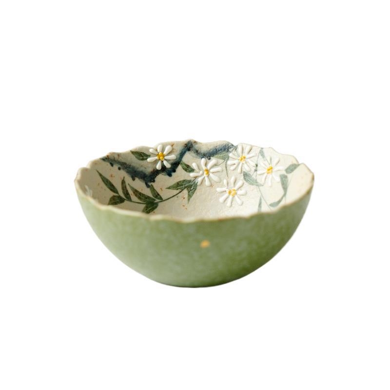 Set ceramic pentru ceai, pictat manual, seria Verde Primăvară, cu motive mandarine verzi și margaretă, în stil chinezesc, ceainic cu mâner