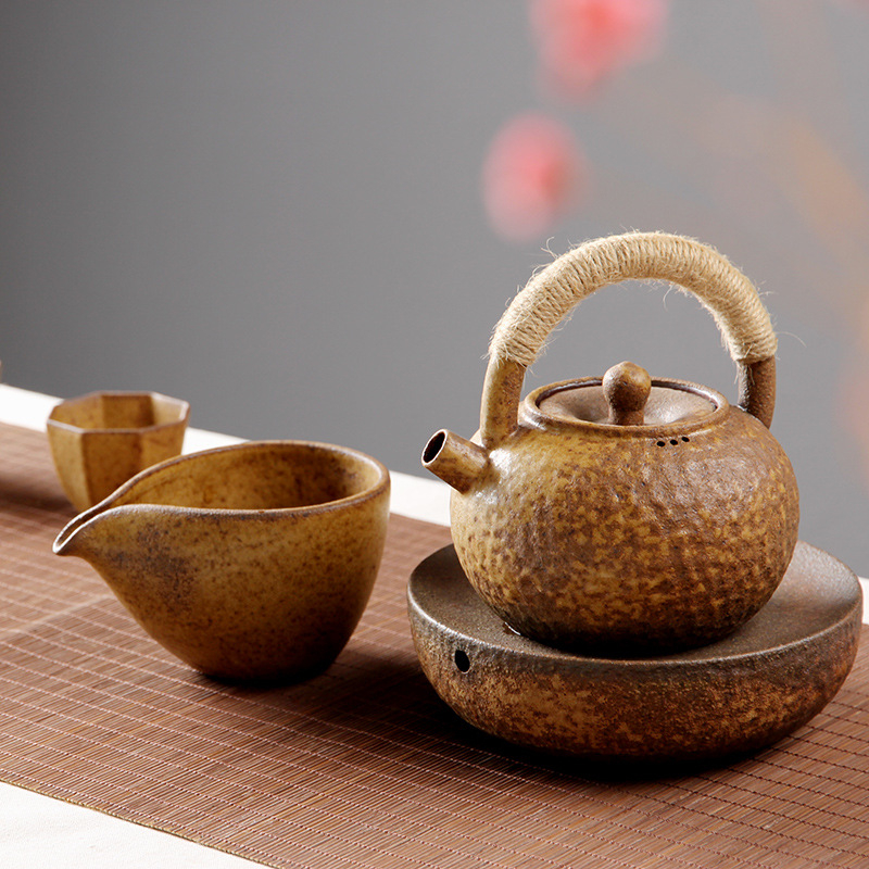 Ceainic ceramic cu mâner de ridicare, stil japonez vintage, set de ceai Kung Fu, ceainic unic pentru uz casnic
