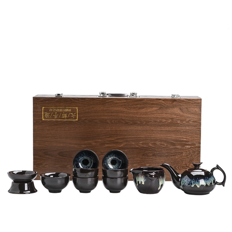 Set ceramic de ceai pentru uz casnic, cu trei cești, ceainic vintage, glazură cuptor, în cutie cadou cu finisaj nisip-auriu