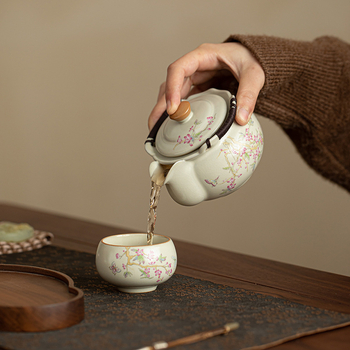 Winter Ru Kiln ceainic cu mâner pentru o singură persoană, ceramică, capac anti-arzire, bol cu capac, set de ceai de înaltă calitate