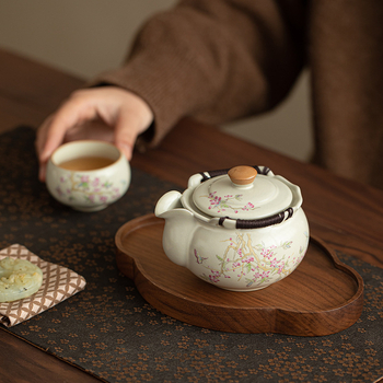 Winter Ru Kiln ceainic cu mâner pentru o singură persoană, ceramică, capac anti-arzire, bol cu capac, set de ceai de înaltă calitate