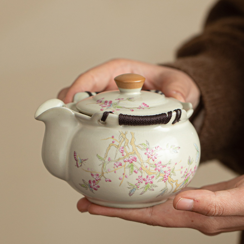 Winter Ru Kiln ceainic cu mâner pentru o singură persoană, ceramică, capac anti-arzire, bol cu capac, set de ceai de înaltă calitate