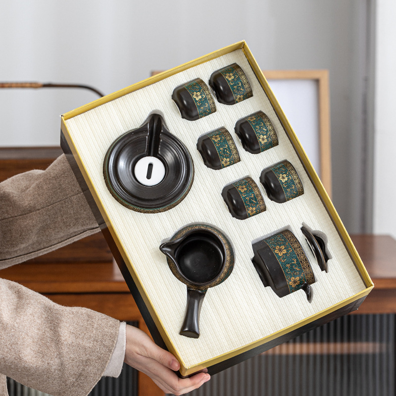 Set de ceai ceramic negru, semi-automat, ceainic și căni pentru casă și birou