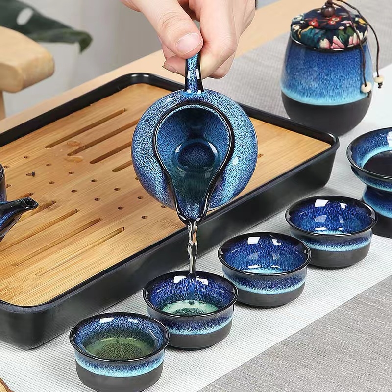 Set ceai Kung Fu din ceramică cu glazură la cuptor, portabil pentru călătorii, cadou în cutie, personalizabil pentru afaceri