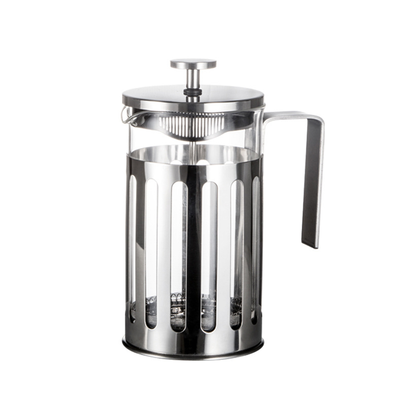 Presa franțuzească pentru cafea, cu corp din oțel inoxidabil, dungi verticale și vas interior din sticlă borosilikat – stil Nordic