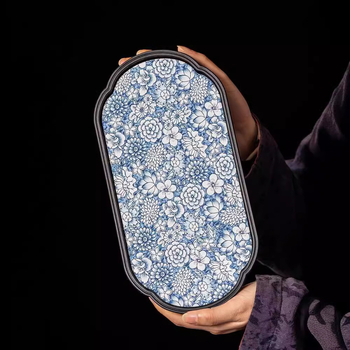Tavă de ceai în stil chinezesc retro, ceramică albastru-albă, suport mic pentru ceainic cu inspirație zen, platformă mică pentru prepararea ceaiului uscat