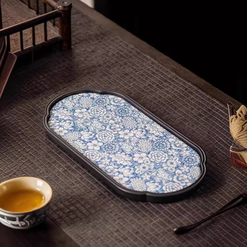 Tavă de ceai în stil chinezesc retro, ceramică albastru-albă, suport mic pentru ceainic cu inspirație zen, platformă mică pentru prepararea ceaiului uscat