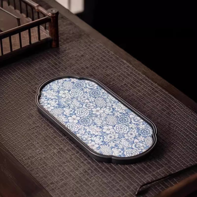 Tavă de ceai în stil chinezesc retro, ceramică albastru-albă, suport mic pentru ceainic cu inspirație zen, platformă mică pentru prepararea ceaiului uscat