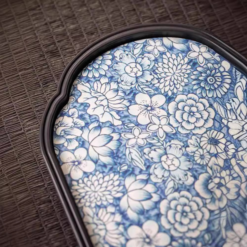 Tavă de ceai în stil chinezesc retro, ceramică albastru-albă, suport mic pentru ceainic cu inspirație zen, platformă mică pentru prepararea ceaiului uscat