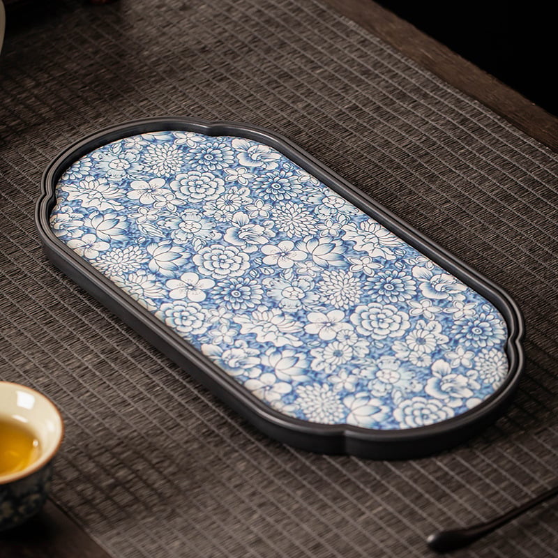 Tavă de ceai în stil chinezesc retro, ceramică albastru-albă, suport mic pentru ceainic cu inspirație zen, platformă mică pentru prepararea ceaiului uscat