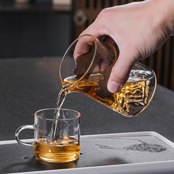 Ceai japonez din sticlă, cu inserții din lemn de nuc și separator de ceai — set Gongfu