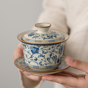 Set Gongfu de ceai din porțelan Ru Kiln, albastru-alb-bej, bol cu capac, ceramic pentru uz casnic