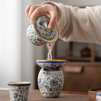 Set Gongfu de ceai din porțelan Ru Kiln, albastru-alb-bej, bol cu capac, ceramic pentru uz casnic