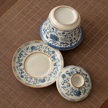 Set Gongfu de ceai din porțelan Ru Kiln, albastru-alb-bej, bol cu capac, ceramic pentru uz casnic