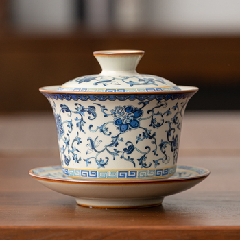 Set Gongfu de ceai din porțelan Ru Kiln, albastru-alb-bej, bol cu capac, ceramic pentru uz casnic