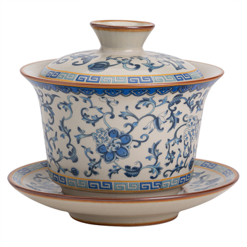 Set Gongfu de ceai din porțelan Ru Kiln, albastru-alb-bej, bol cu capac, ceramic pentru uz casnic