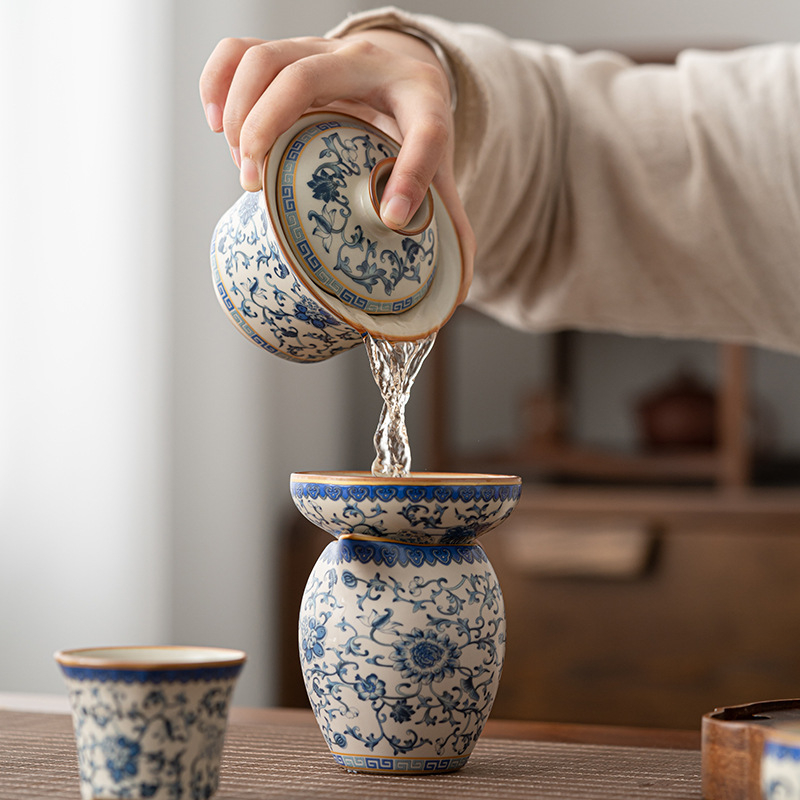 Set Gongfu de ceai din porțelan Ru Kiln, albastru-alb-bej, bol cu capac, ceramic pentru uz casnic