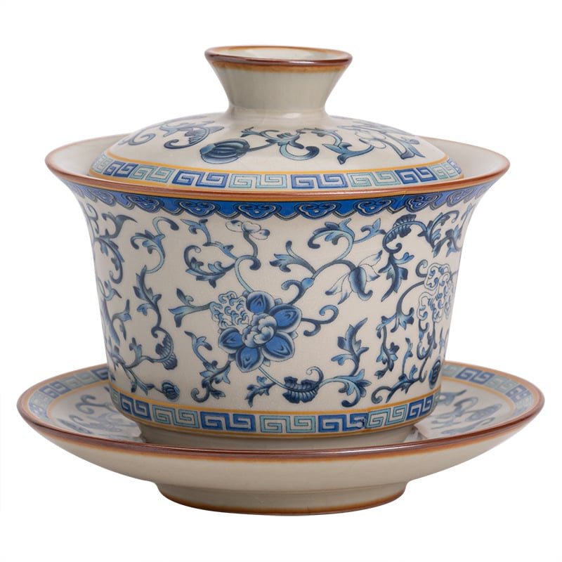 Set Gongfu de ceai din porțelan Ru Kiln, albastru-alb-bej, bol cu capac, ceramic pentru uz casnic