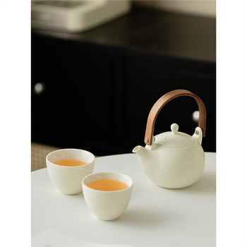 Ceainic ceramic miniatural, în stil japonez, lucrat manual, cu mâner de ridicare, glazură crem, include tavă pentru ceai, capacitate mare