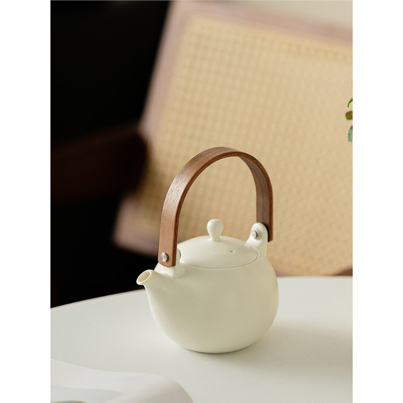 Ceainic ceramic miniatural, în stil japonez, lucrat manual, cu mâner de ridicare, glazură crem, include tavă pentru ceai, capacitate mare