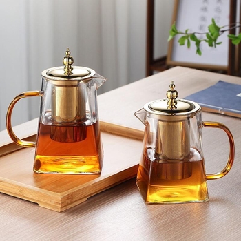Ceainic din sticlă rezistentă la temperaturi, cu infuzor din oțel inoxidabil, finisaj auriu, pentru uz casnic și de birou, include căniță pentru distribuirea ceaiului