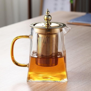Ceainic din sticlă rezistentă la temperaturi, cu infuzor din oțel inoxidabil, finisaj auriu, pentru uz casnic și de birou, include căniță pentru distribuirea ceaiului