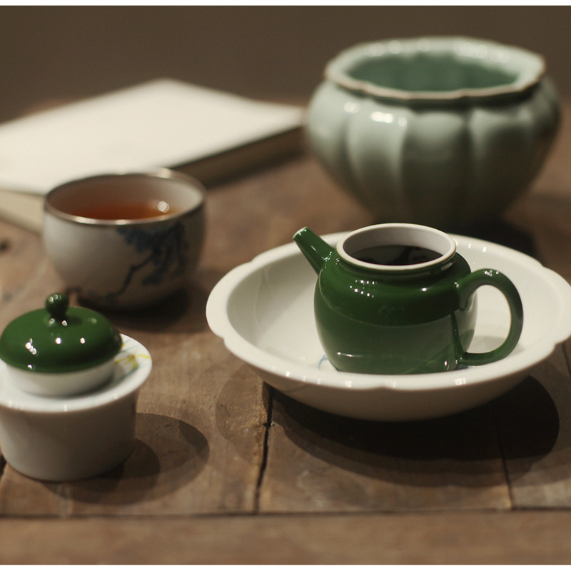Ceainic vintage verde papagal, ceramic din Jingdezhen