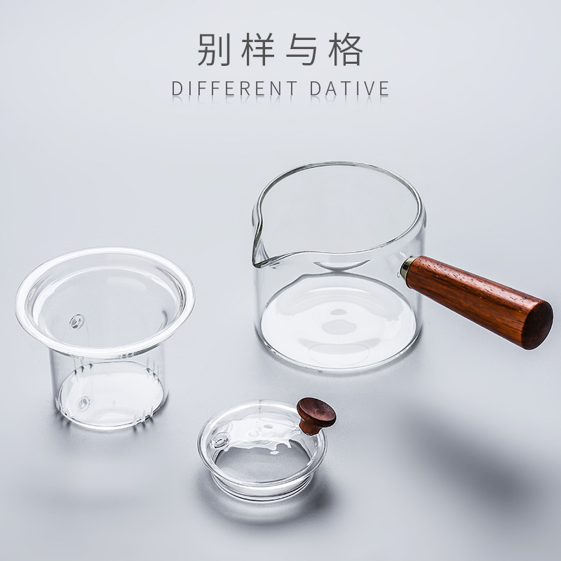 Ceainic din sticlă cu mâner lateral, filtru; set de ceai cu mâner din lemn, pentru plită ceramică electrică