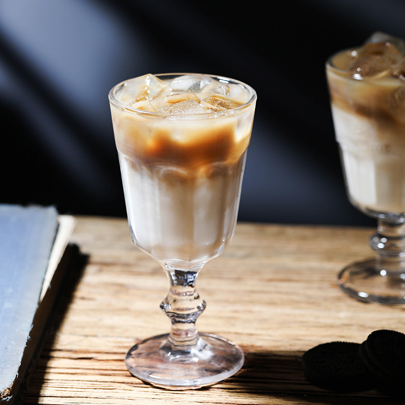 Pahar înalt din sticlă, fără mâner, pentru ceai cu lapte, latte și cafea cu gheață, desert și înghețată, stil Baroc