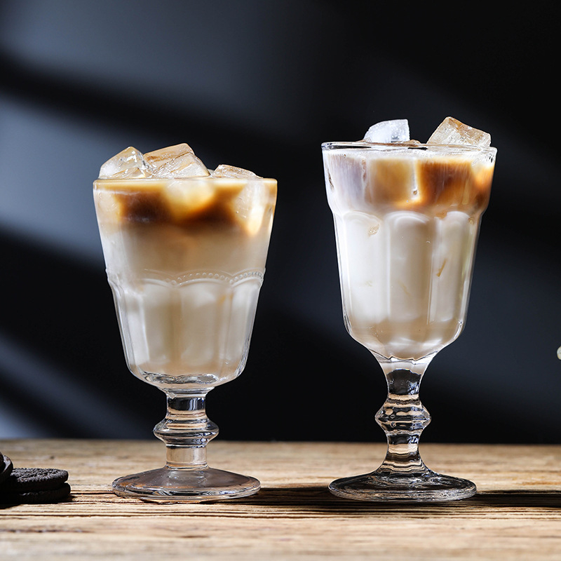 Pahar înalt din sticlă, fără mâner, pentru ceai cu lapte, latte și cafea cu gheață, desert și înghețată, stil Baroc