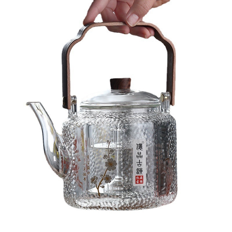 Ceainic din sticlă cu mâner, textură ciocănită, rezistent la căldură, îngroșat, cu filtru, formă pătrată, set de ceai cu separare ceai-apă