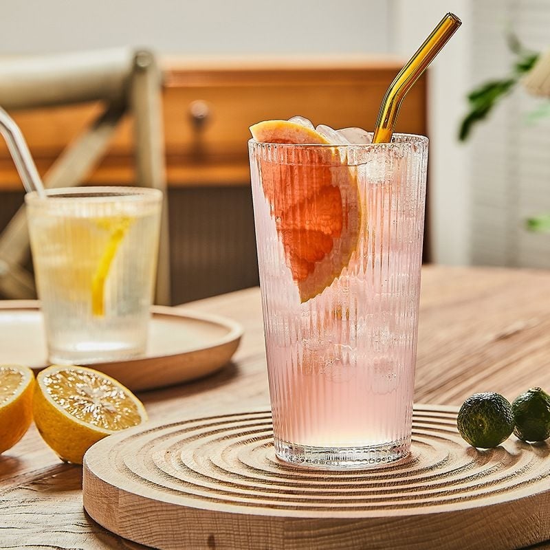 Pahar din sticlă cu dungi verticale, sticlă sodă-lime, transparent, fără mâner, potrivit pentru cafea, ceai, suc și milkshake