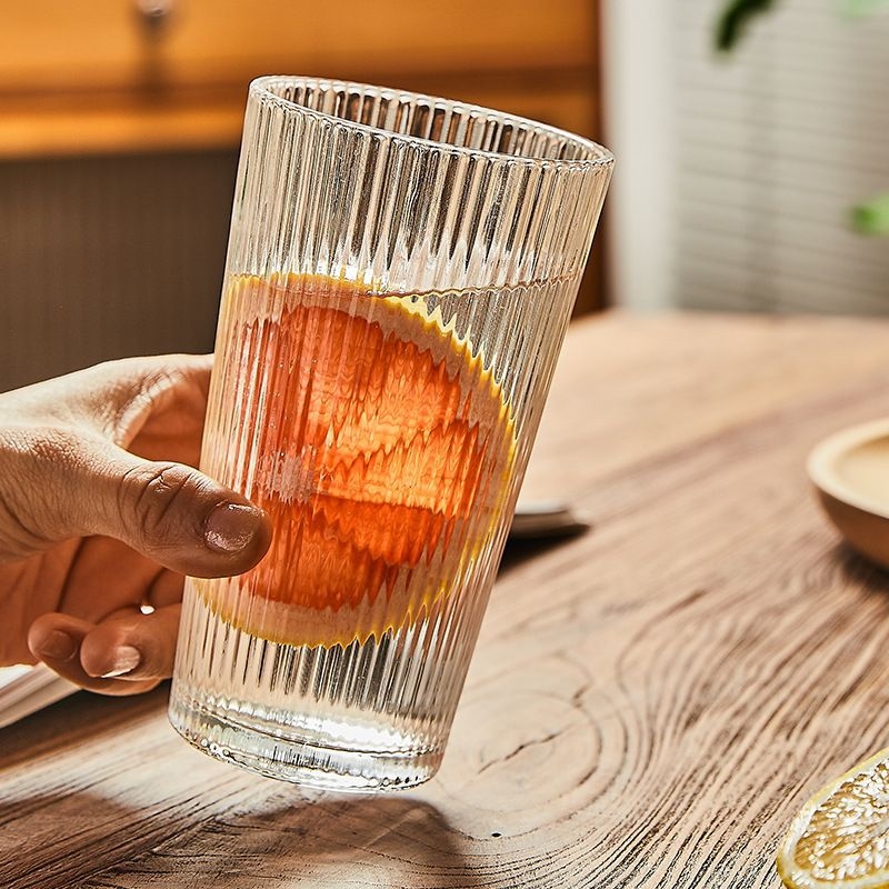 Pahar din sticlă cu dungi verticale, sticlă sodă-lime, transparent, fără mâner, potrivit pentru cafea, ceai, suc și milkshake