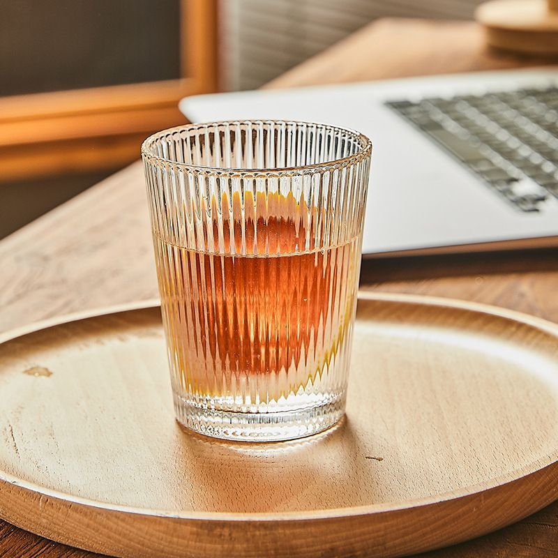 Pahar din sticlă cu dungi verticale, sticlă sodă-lime, transparent, fără mâner, potrivit pentru cafea, ceai, suc și milkshake