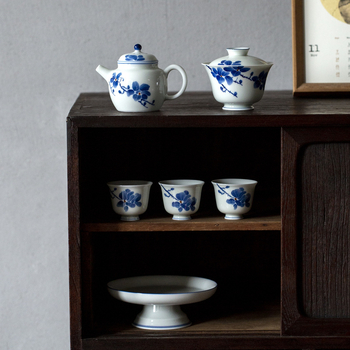 Ceainic cu subglazură, pictat manual cu magnolie, ceramică, mică dimensiune, pentru uz casnic, făcut manual, albastru retro